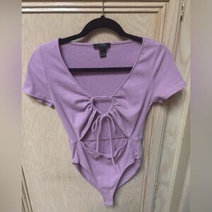 Forever 21 Purple Lavender Ribbed Bodysuit Cut Out and Tie Front Size L